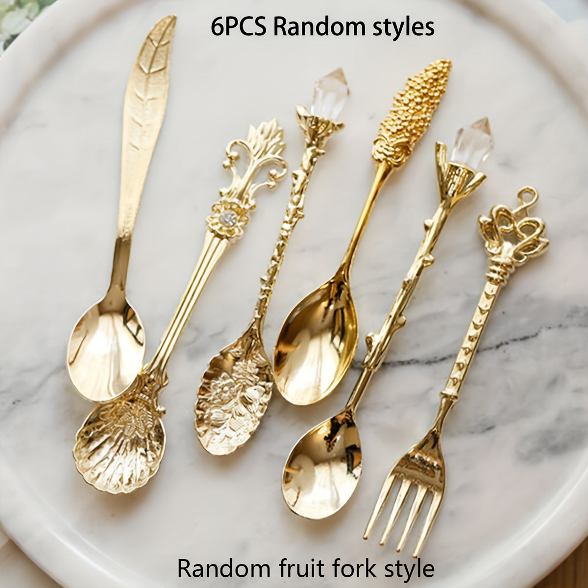 Set of 6 European golden vintage spoons for desserts and coffee, with carved fruit designs, ideal for kitchen, dining, and bar use.