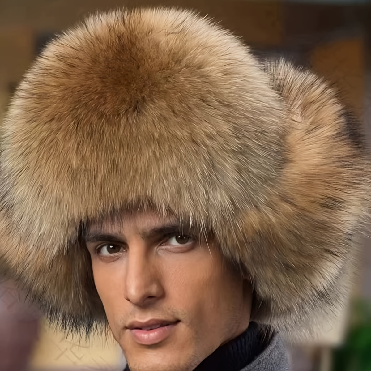 Luxurious Men's faux fur trapper hat with bomber style, fluffy fur trim, Russian ushanka design. Handwash/dry clean, polyester lining for winter comfort.