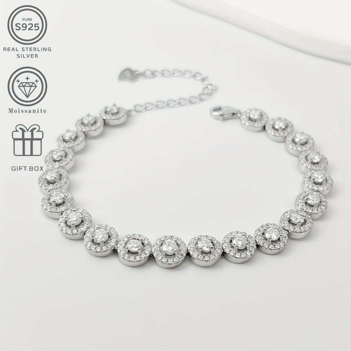 PROLIANCE Luxury 0.1 Carat Moissanite Tennis Bracelet in S925 Sterling Silver - Ideal for Weddings, Parties, and Gifts. Comes in a Gift Box, Suitable for Hip-hop Jewelry, Summer Beach, Music Festivals, Graduations, and Christmas. Features a Simple yet