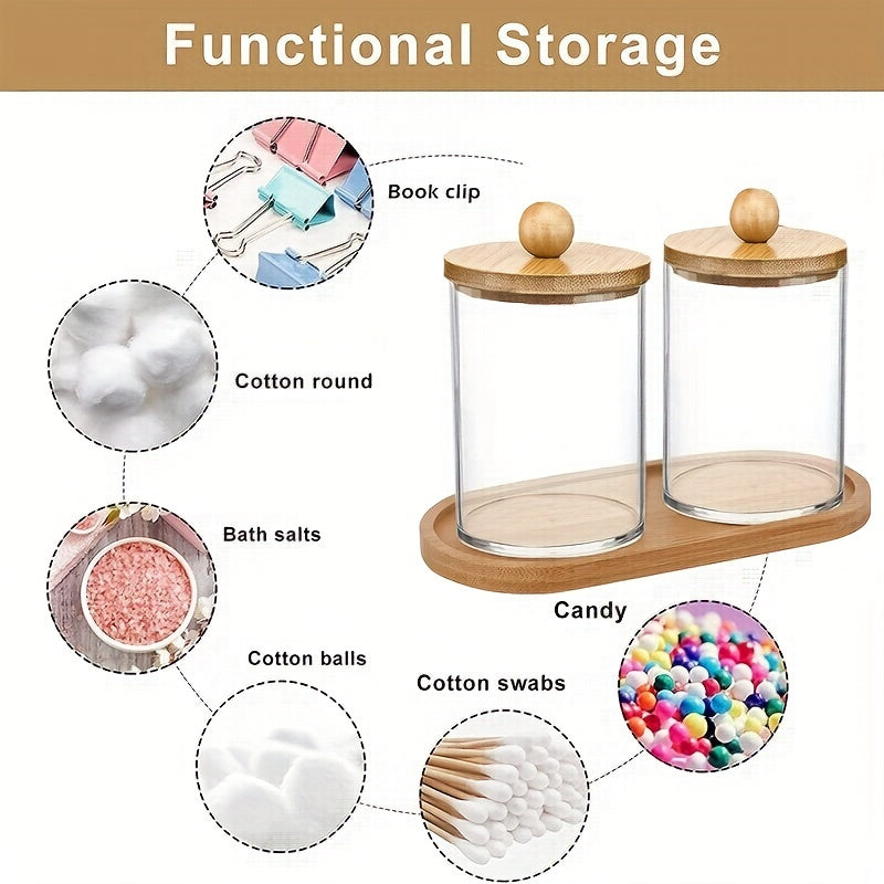 Holder dispenser set with bamboo lids and tray for bathroom storage including cotton swab, ball, pads, and floss.