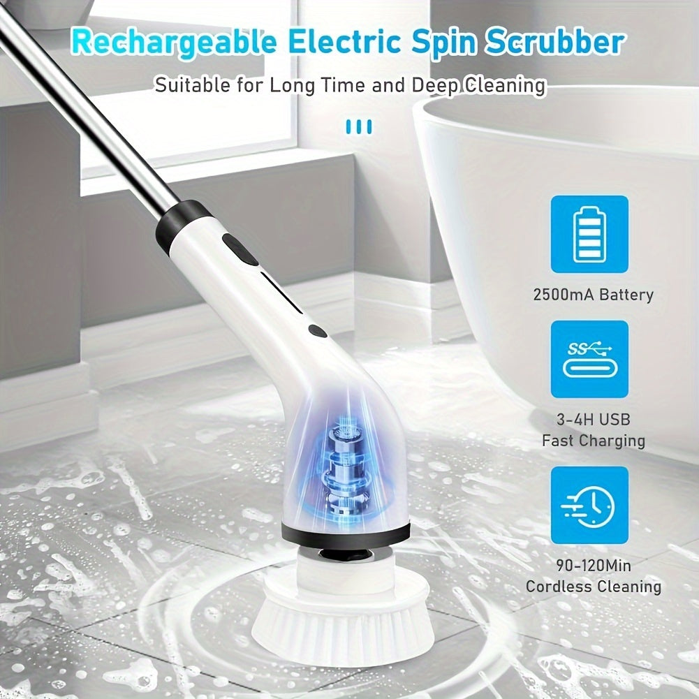 Wireless Electric Rotating Washer with 8 Replaceable Brush Heads, Adjustable Extendable Handle, and 2 Speed Settings. Rechargeable Shower Brush for 360 Degree Cleaning of Bathroom, Bathtub, Tiles, and Floors. Includes USB-C Charging Cable.