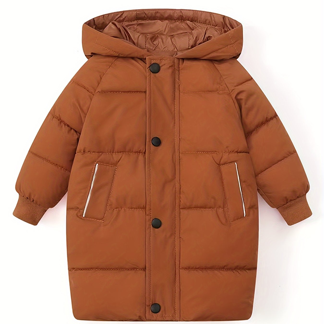 Kids' mid-length hooded coat made of 100% windproof polyester for warmth in fall/winter. Casual style with zipper and regular fit. Solid color raglan sleeves and thick material.