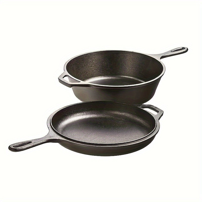 Black 1PC Cast Iron Combo Cooker, Pretreated Stew Pans and Frying Pans with Non-Stick Coating and Heat-Resistant Handles