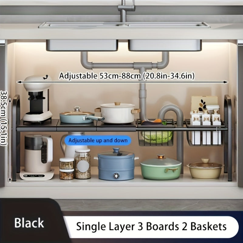 Modern black metal storage rack set with removable baskets for kitchen and bathroom organization. Multi-tier design for efficient space utilization.