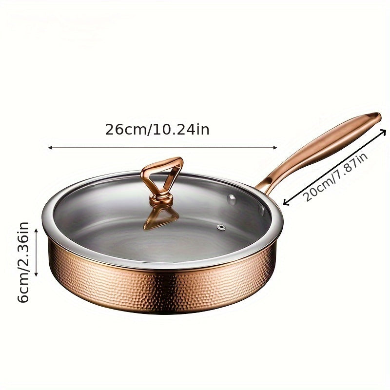 Premium 304 Stainless Steel Frying Pan with Lid, 26cm/10.24in - Safe for All Cooktops, Nonstick, Scratch-Resistant, Professional Quality Steak Pot - 1 Piece