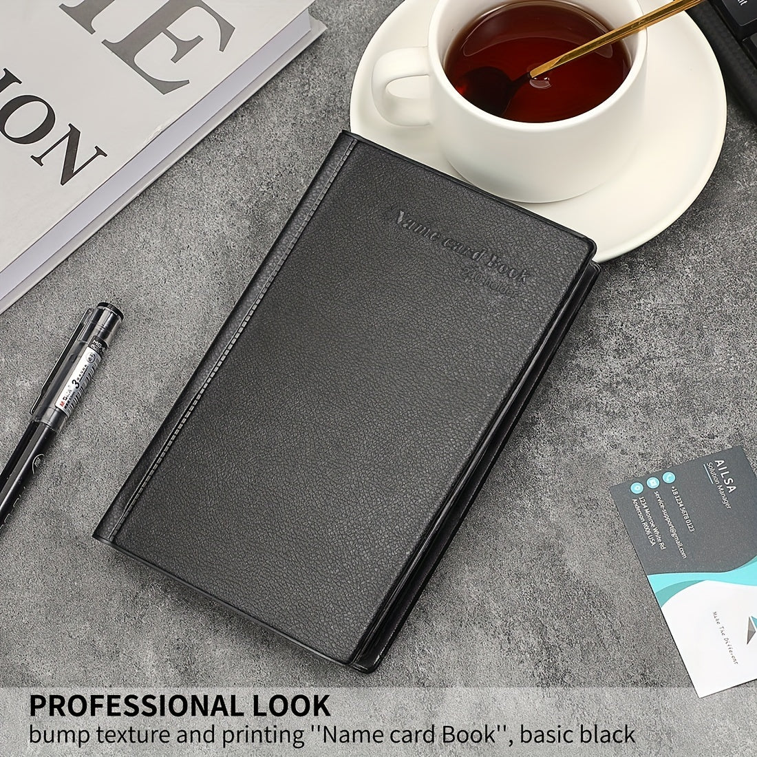 Portable business card holder with capacity for 240 cards, suitable for men and women, in black color.