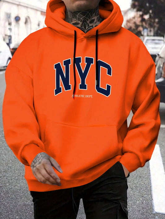 NYC print hooded pullover with kangaroo pocket, ideal for fall and winter, for plus size men.