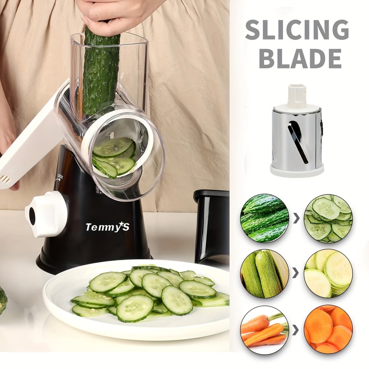 Kitchen Mandoline with 3 Interchangeable Blades for Easy Grating and Slicing of Cheese and Vegetables - Effortless Cleaning for a Variety of Foods