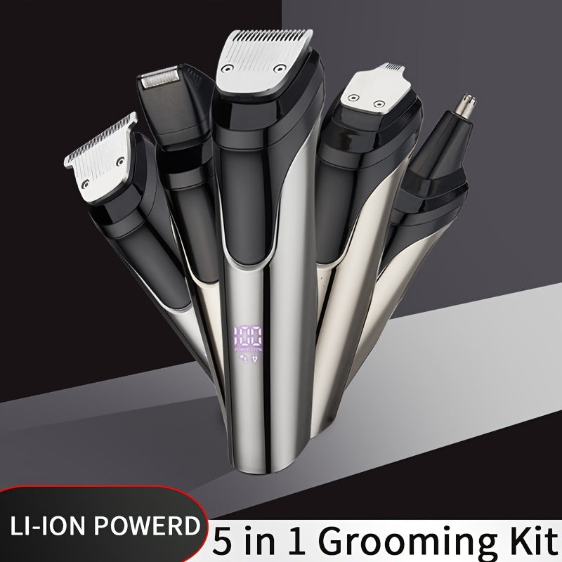 Men's all-in-one grooming kit with USB rechargeable cordless beard trimmer and LED display, ideal for Father's Day gift.