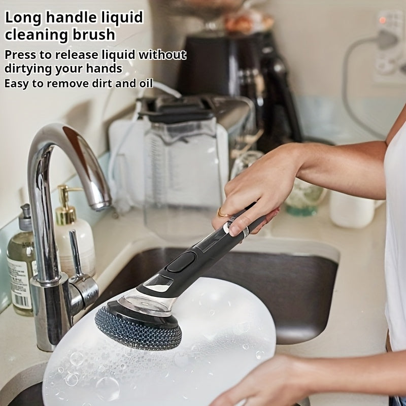 Pot brush with handle, featuring a soap dispenser and non-electric design. This plastic kitchen brush is perfect for cleaning pans and bowls, with an easy-to-clean steel wool brush included for non-stick pans and stove sink decontamination.