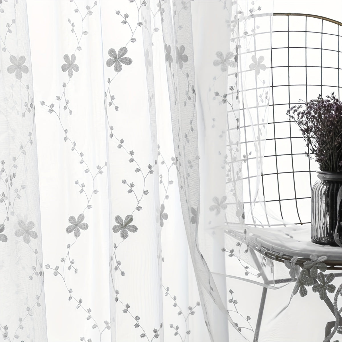 Delicate White Sheer Curtain with Small Romantic Flower Embroidery, Perfect for Living Room, Bedroom, Office, or Home Decoration. Comes with Rod Pocket for Easy Installation.