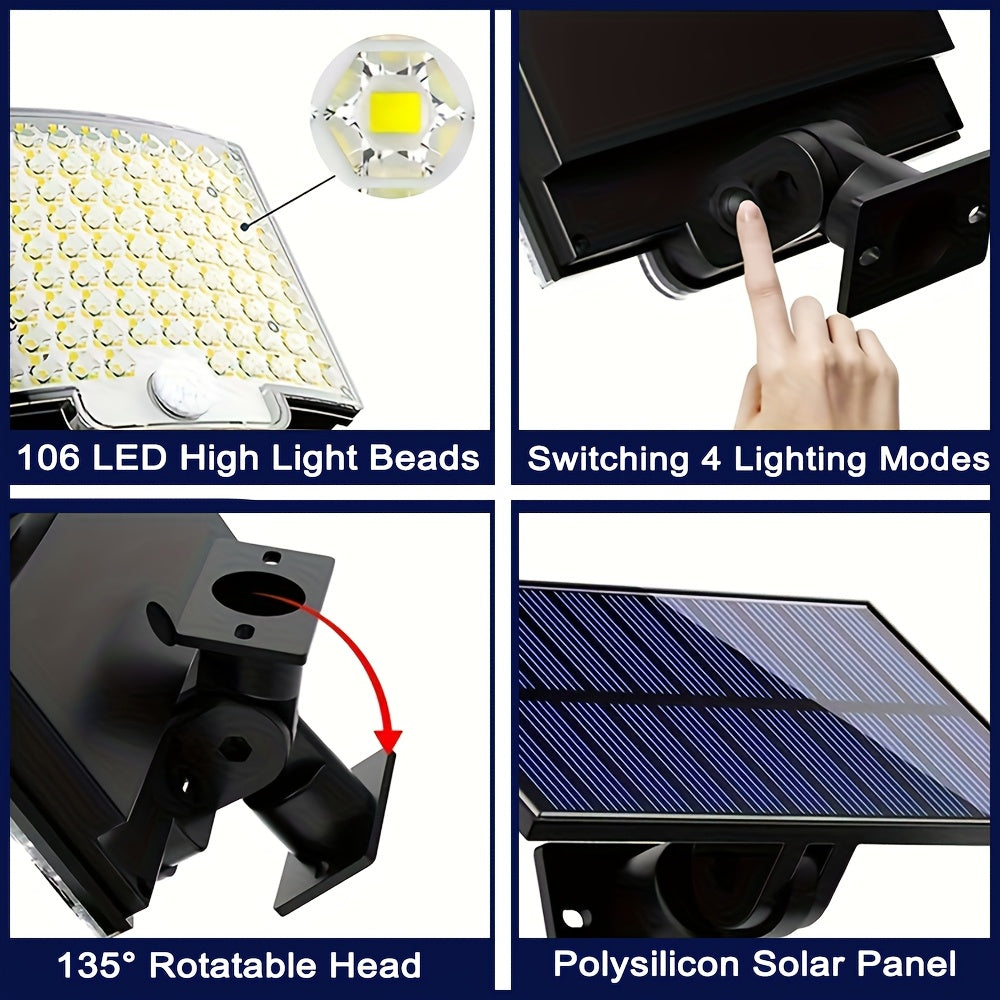 Solar wall light with 106 LED, motion sensor, adjustable angle, and 279.4cm cable for yard and garden.