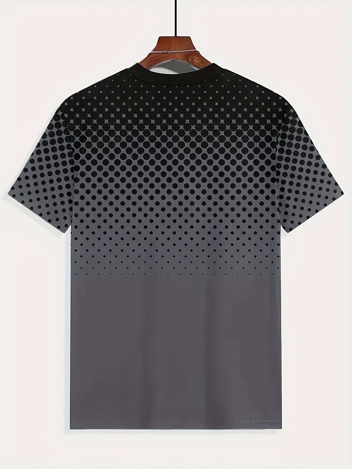 Men's plus size black dot print t-shirt made with breathable quick-dry fabric, loose fit for outdoor wear, 95% polyester and 5% spandex.