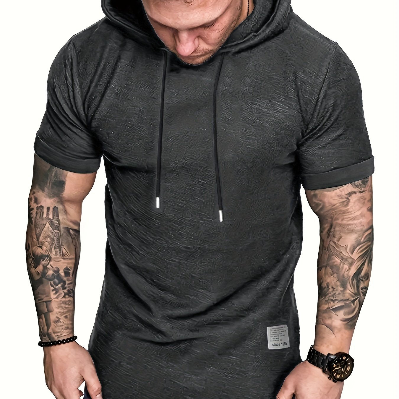 Men's plus size hooded t-shirt with short sleeves and drawstring, perfect for summer comfort.