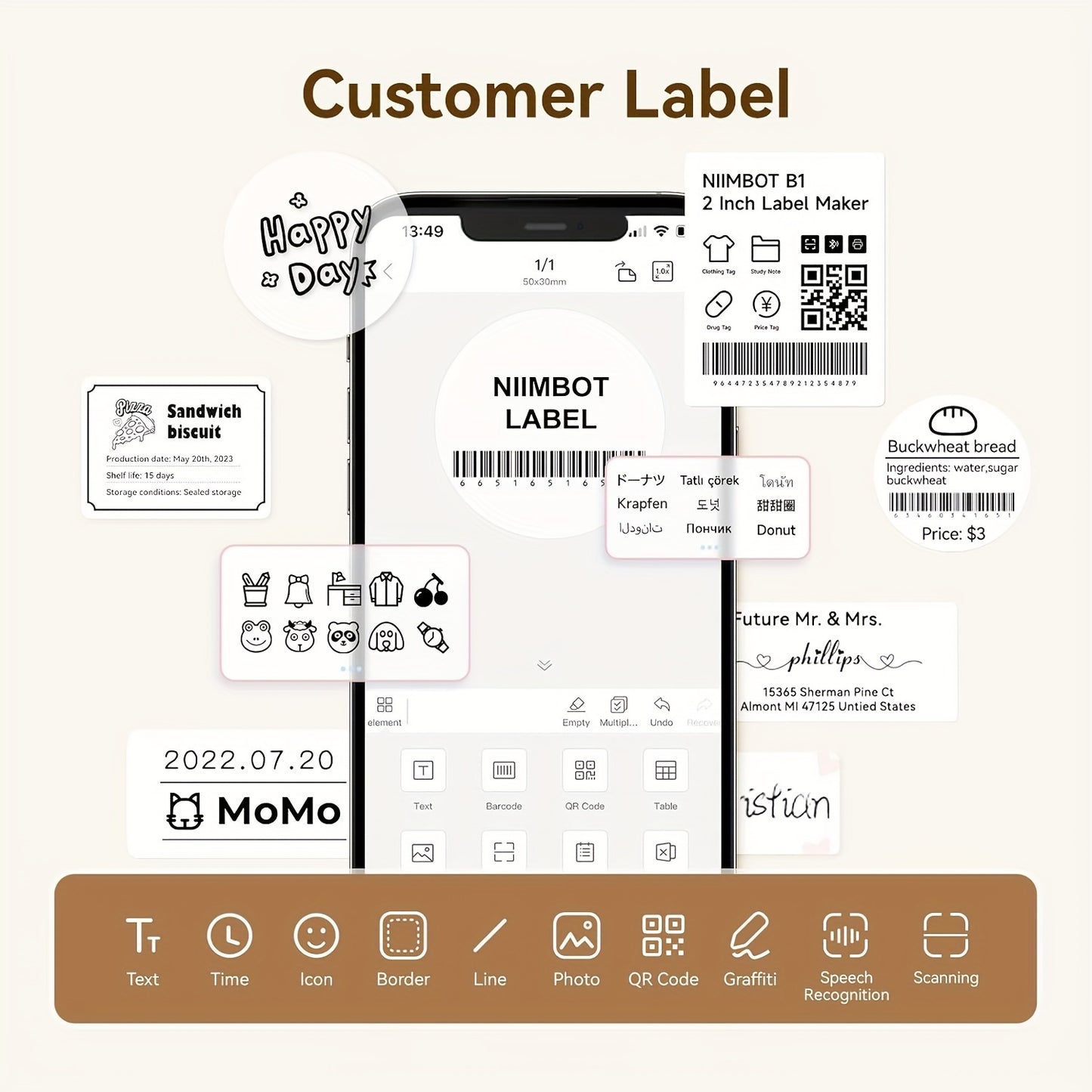 Compatible Thermal Transfer Labels for NIIMBOT B1/B21/B3S, 50x30mm, 230 Labels/roll, Waterproof, Oil-Resistant, White PVC Tape, 1 Roll