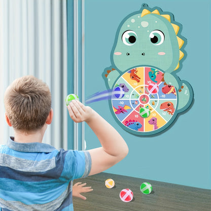 Sticky ball dart target set with 6 balls and hook featuring cartoon animals for outdoor and indoor sports and education.