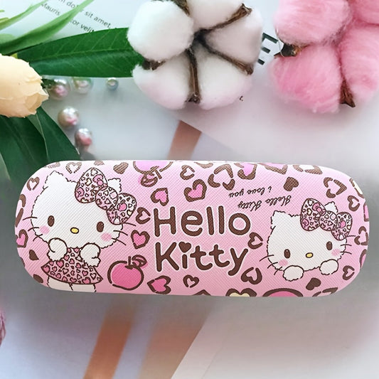 Fashionable glasses case featuring Sanrio's Hello Kitty and Kuromi characters made of durable faux leather, designed to protect eyewear from scratches, ideal for women.