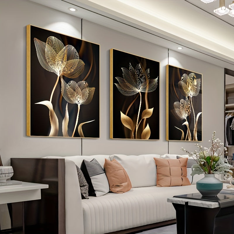 3 unframed posters of black and golden flower wall art canvas painting for living room decor, modern abstract design, 15.7x23.6in/40x60cm.