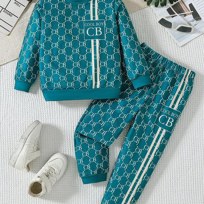 Set of 2 boys' casual crew neck long sleeve T-shirt and pants with alphabet pattern. Made of knit polyester and spandex in a regular fit with medium stretch. Suitable for spring/fall