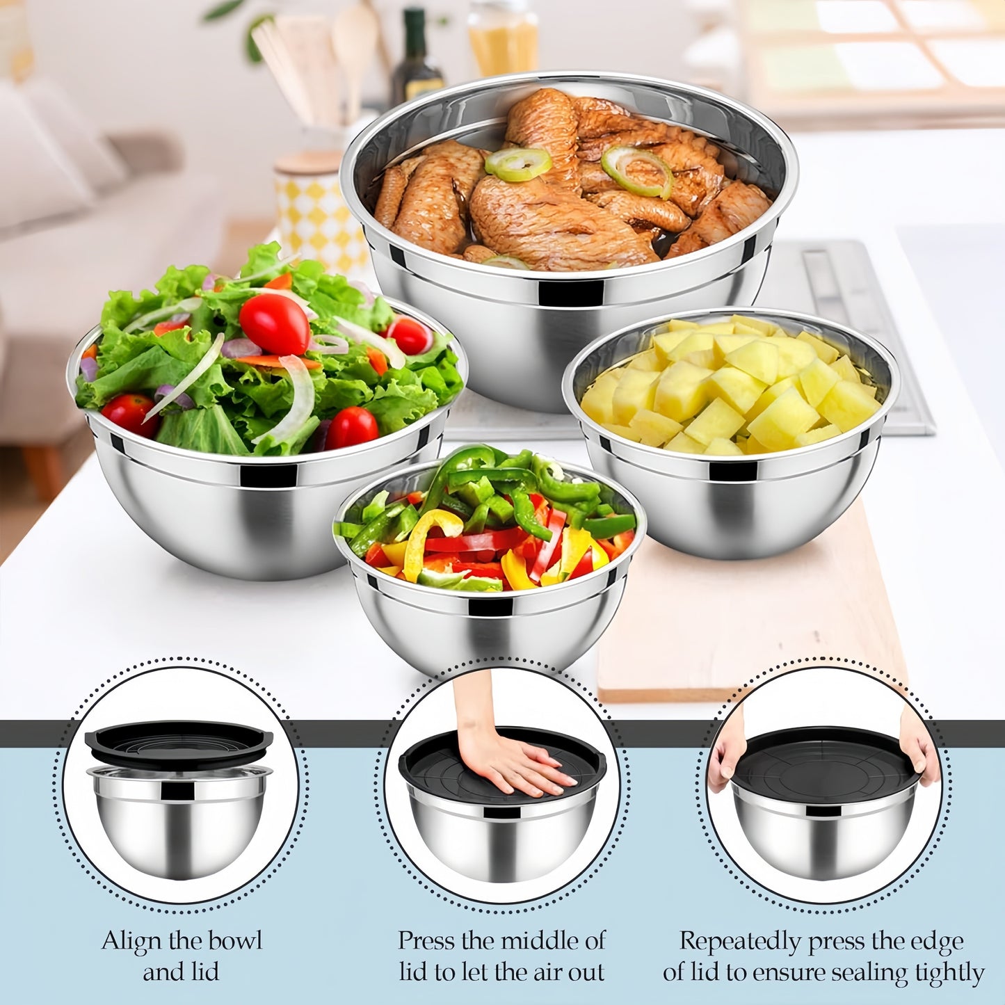 This set includes 15 stainless steel mixing bowls with black seal covers. 
The nesting style design includes 3 grater accessories and a metal nesting storage bowl to save space in your kitchen.
These versatile bowls are dishwasher safe and perfect for