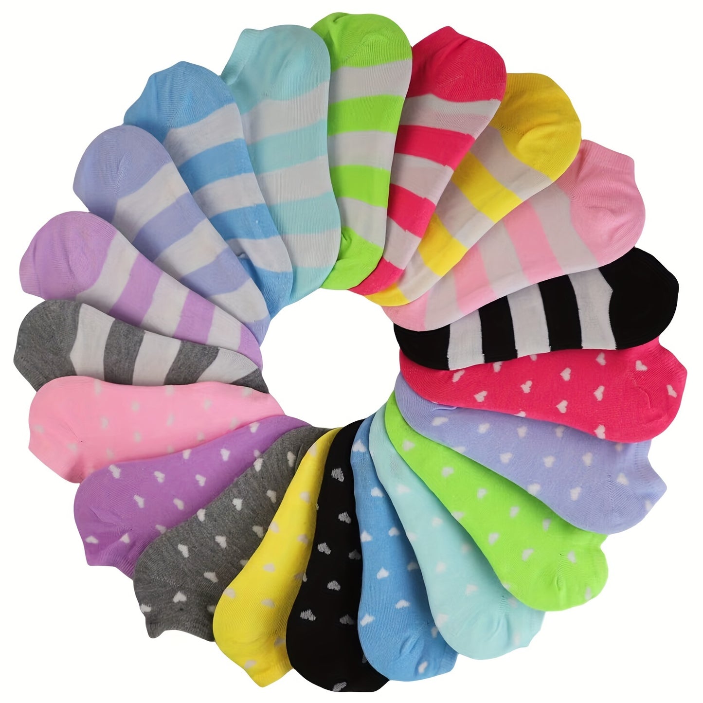 20 pairs of candy-colored, lightweight, and breathable low cut ankle socks for women.