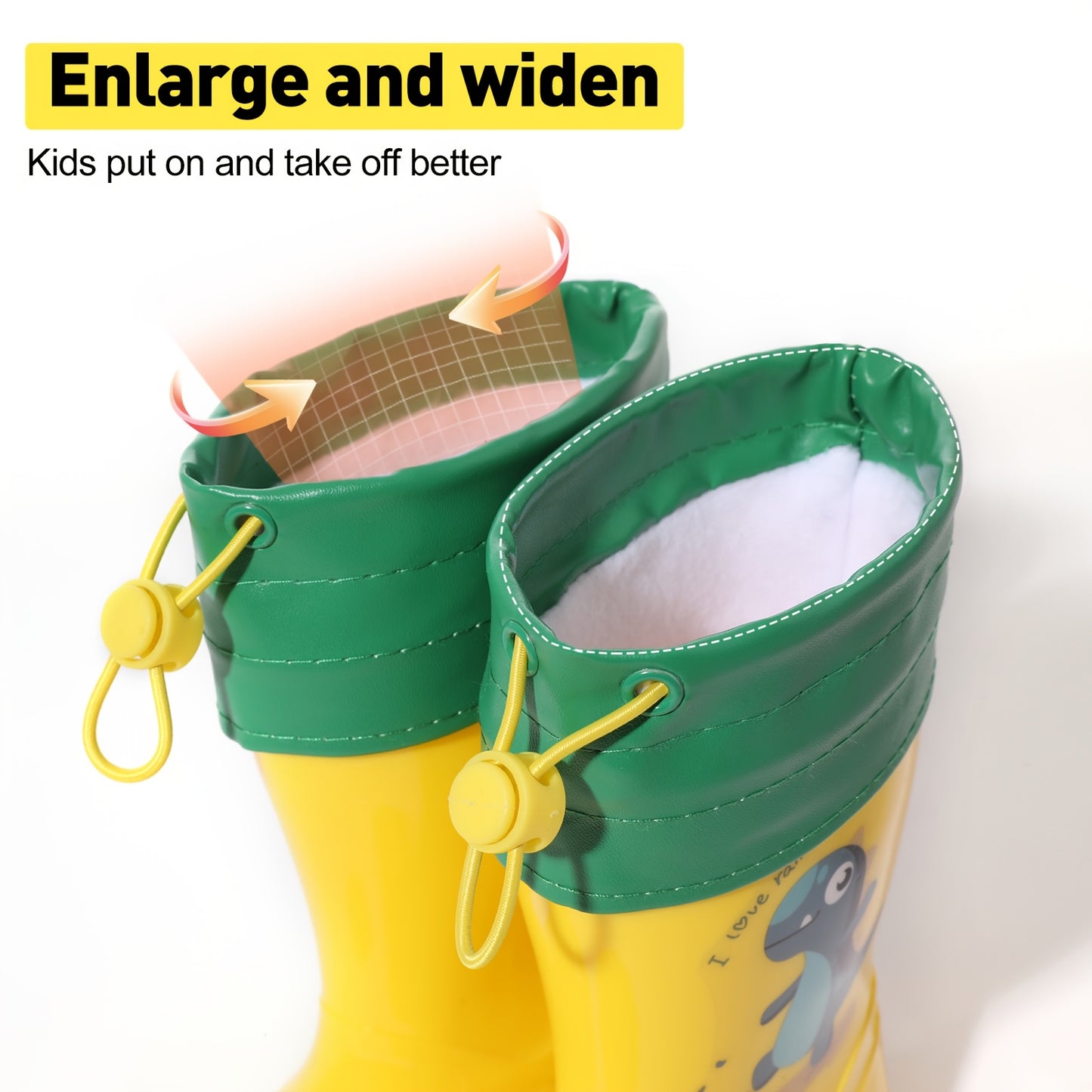 Child's dinosaur rain boots that are thermal detachable, non-slip, waterproof, comfortable, and suitable for all seasons.