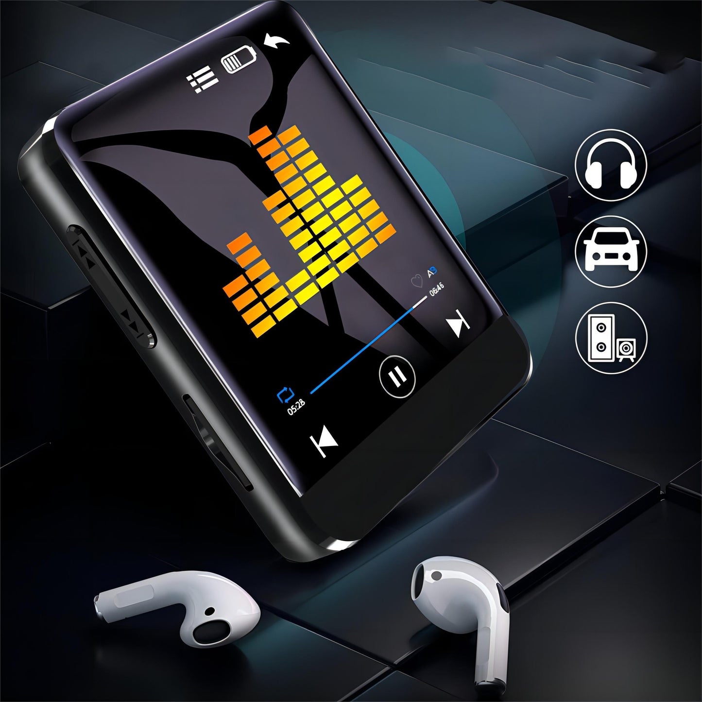 Portable MP3 player with 64GB storage, full touch screen, HD speaker, FM radio, voice recorder; sleek design for travel, sports, and video playback.