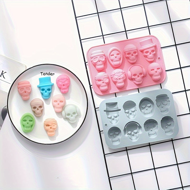 Silicone Mold Tray in Skull Shape with 8 Cavities, Perfect for Making Chocolate, Baking Cake, Jelly, Halloween Candy, Ice Cubes, Crafted from Durable Non-Stick Silicone