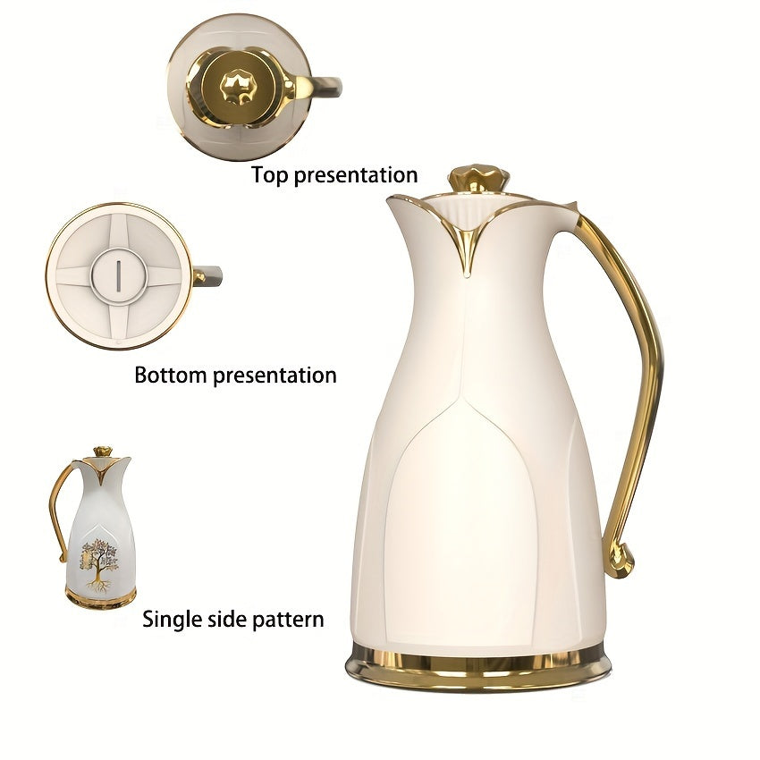 Beautiful insulated coffee carafe with a sleek double-walled design featuring a charming golden tree motif. This white ceramic thermal flask is vacuum sealed to keep beverages hot or cold. Perfect for tea and coffee lovers, this carafe is a must-have