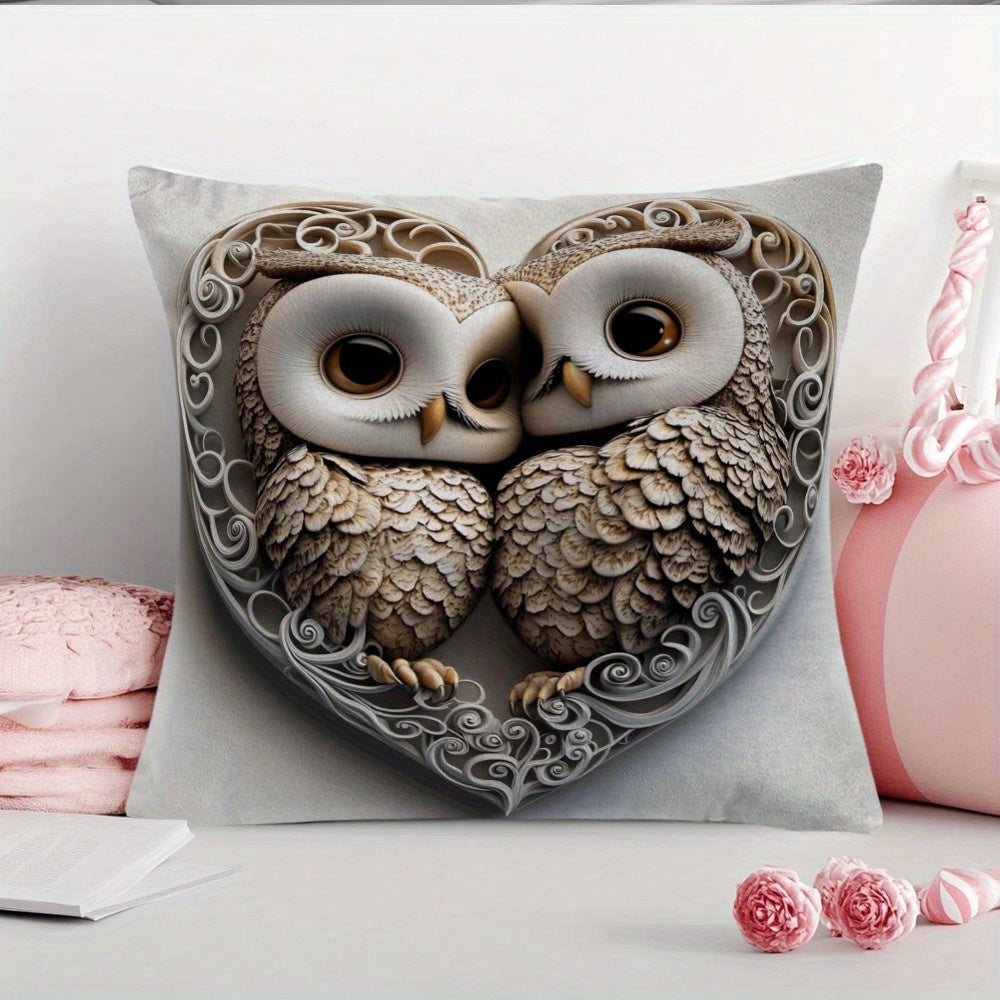 Adorable Owl Valentine's Day Pillow Cover - 45.72x45.72cm, Made of Sturdy Polyester, Easy Zip Closure, Machine Washable - Ideal for Decorating Indoors and Outdoors