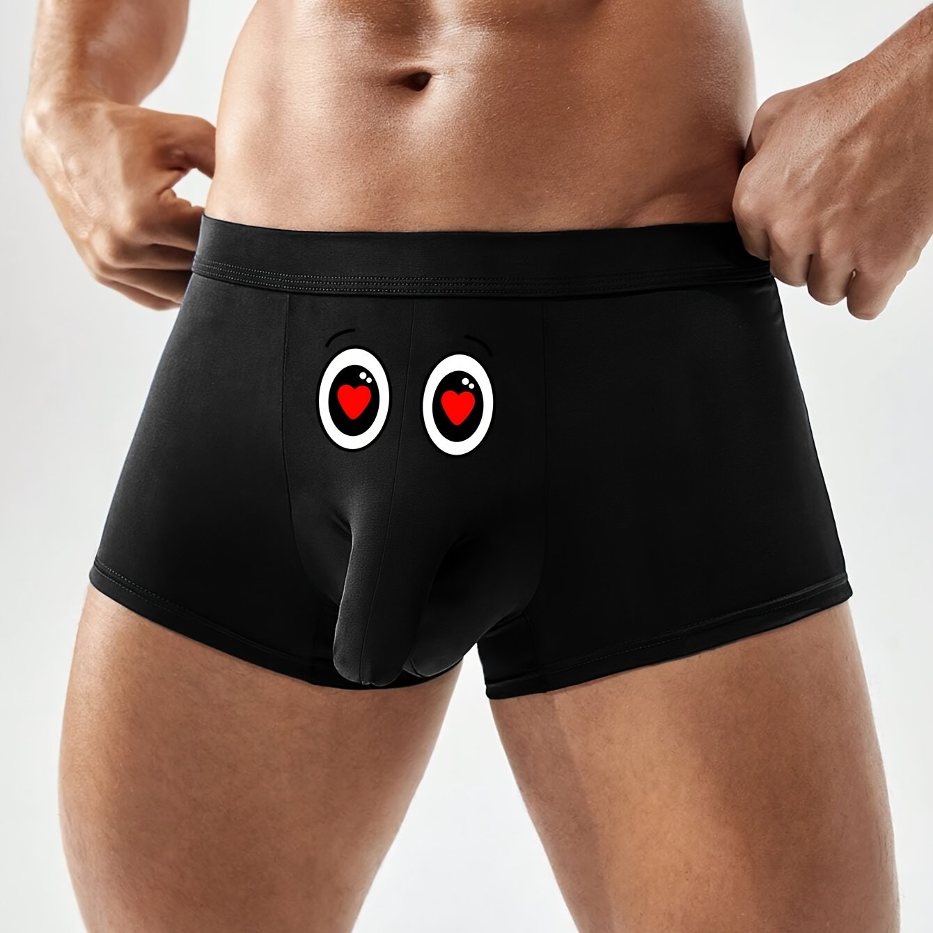 Men's Novelty Boxer Briefs with Red Heart Eyes Print, made of 95% knit polyester and 5% elastane, featuring a skinny fit and medium stretch for casual wear.