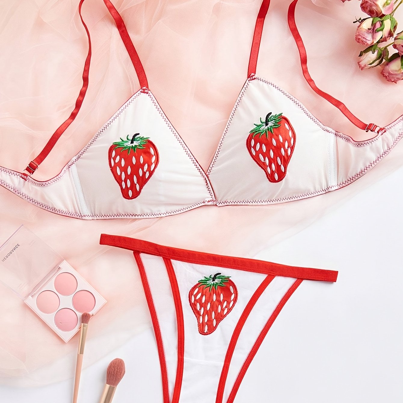 Strawberry Pattern Bra & Panty Set for Women - Comfortable Nylon Blend with Padded Support, Mid-Rise Briefs - Stylish Lingerie for Casual Attire