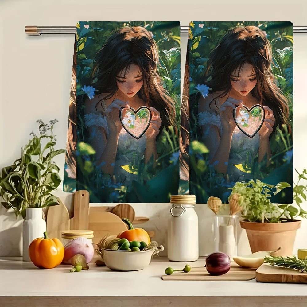 This set includes two ultra-soft kitchen towels featuring an anime girl with long brown hair holding a heart-shaped magnifying glass as she explores a garden. These highly absorbent dish towels are ideal for holiday decoration, can be machine washed, and