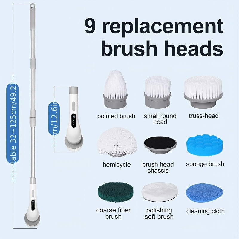 Introducing the innovative 9-in-1 multi-functional cleaning brush! This brush features adjustable speed settings, switchable intensity modes, and high-speed rotation for powerful cleaning. With a durable 1800mAh battery that is USB rechargeable, this