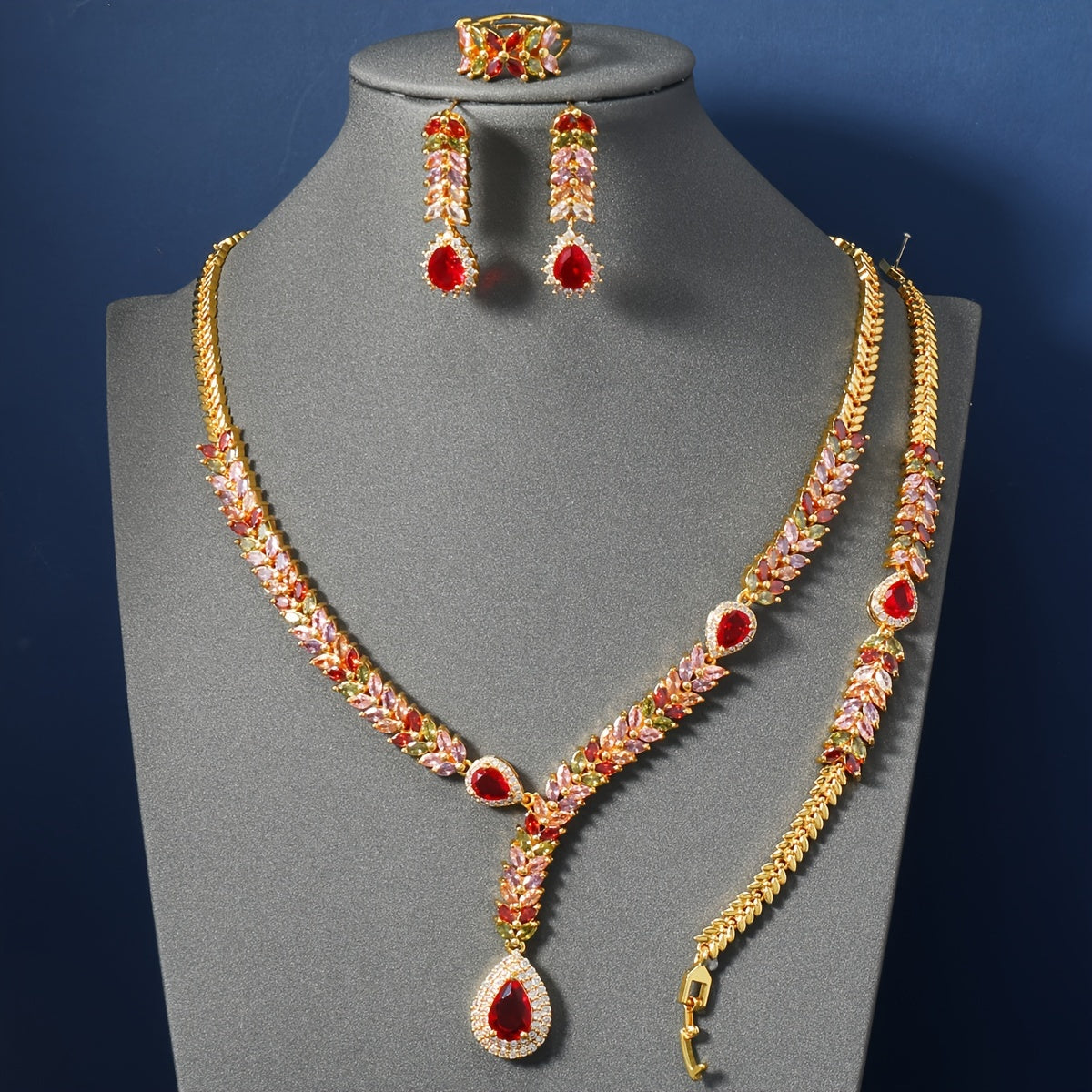 This exquisite Vintage 24K Golden Plated Copper Jewelry Set features stunning zirconia Mosaic detailing in a lavish Middle Eastern inspired Wheat Sheaf design, specially crafted for women. The set includes a Necklace, Bracelet, Ring, and Earrings