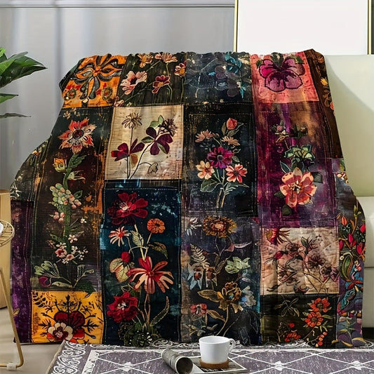 Soft and colorful vintage floral patchwork throw blanket made from ultra-soft flannel with tropical accents. This cozy all-season sofa and TV snuggle blanket is made from 100% polyester and weighs 200-250g.