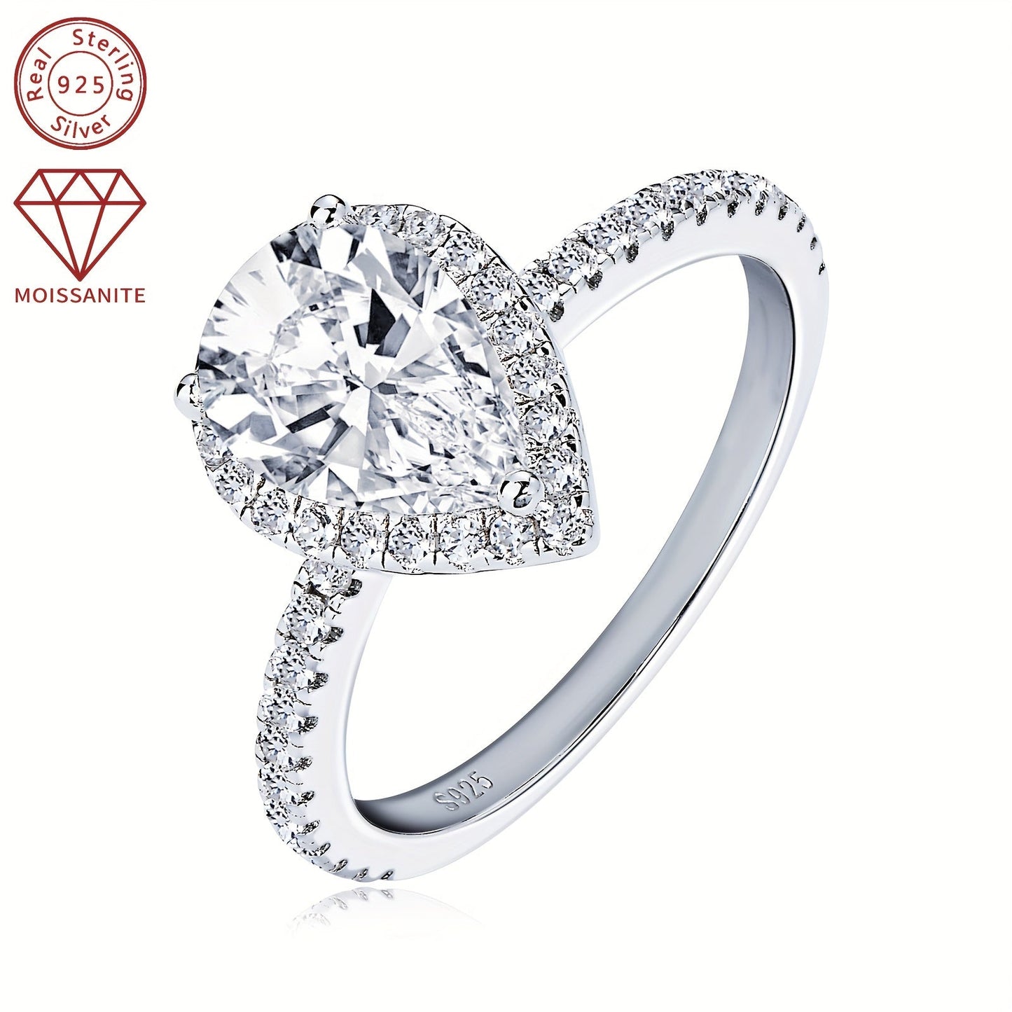 925 Sterling Silver Women's Engagement Ring featuring a center Moissanite pear-shaped stone measuring 7x10mm and weighing 2 carats. Surrounding the center stone are additional Moissanite stones, creating a stunning teardrop shape. This ring is perfect