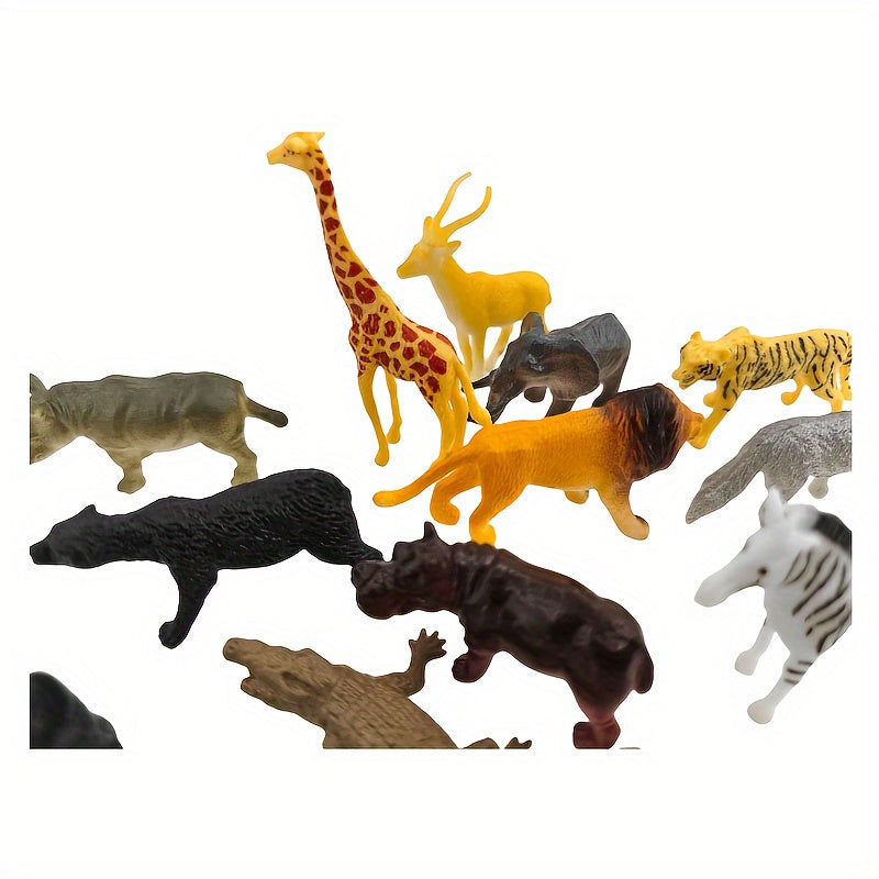 Wildlife Animal Figurines Set includes 12 pieces such as Lion, Tiger, Crocodile, Giraffe, Zebra, Elephant, and more. Suitable for ages 3+.