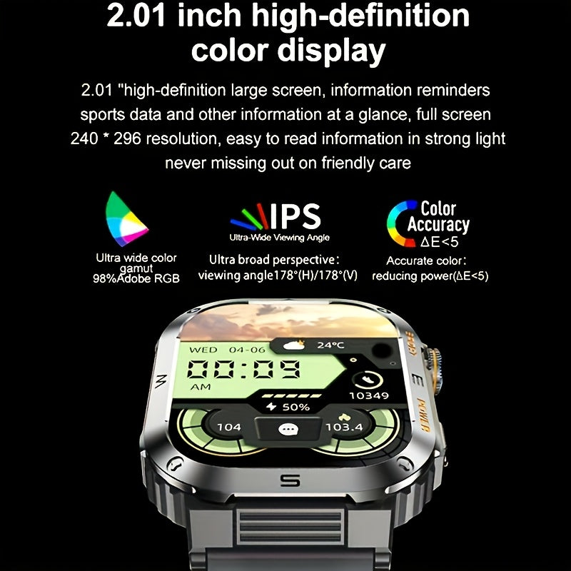 New durable smart watch for men with wireless calling, sports and fitness features, AI voice assistance, and outdoor capabilities with phone connectivity.