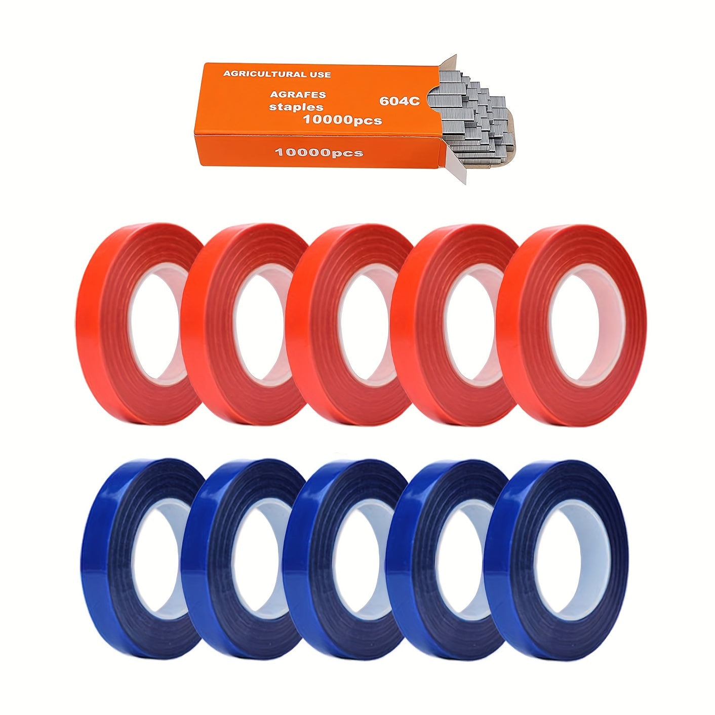 Durable 10-piece plant tying tape and staples set in red, blue, and black for supporting vines, raspberries, tomatoes, and cucumbers. Essential tool for farmers and gardeners.