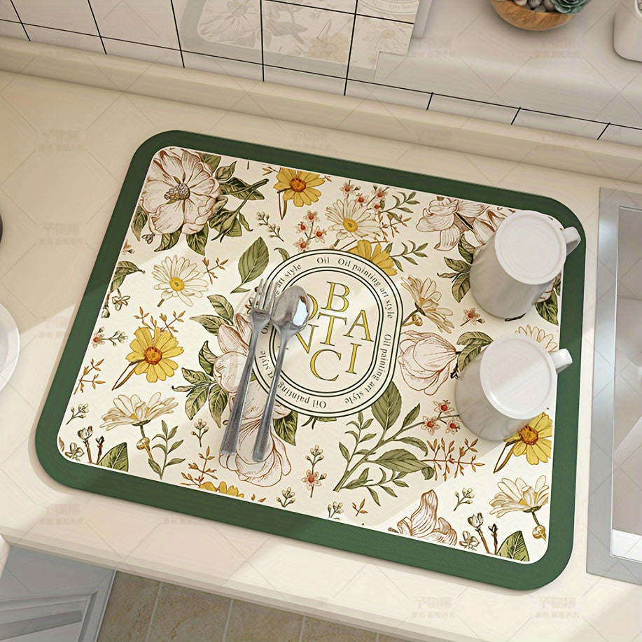 Floral Pattern Coffee Machine Mat, Multi-Functional Dish Drying Pad with Silica Gel Non-Slip Soft Pad for Kitchen and Bathroom. Easy to Clean with Polyester Cover and Silica Gel Material.