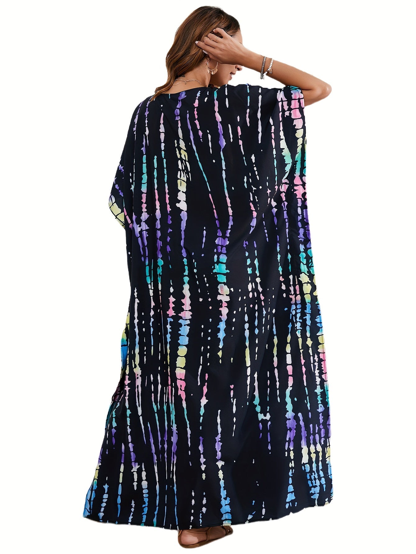 Plus Size Boho Cover Up with Tie Dye Stripes and Batwing Sleeves