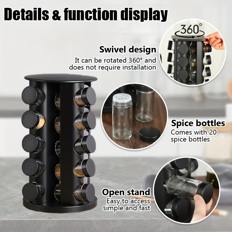 Spice Bottle Storage Rack with 360° Rotation: Holds 12/16/20 Jars for Kitchen Organization - Durable Metal Design for Countertop Placement