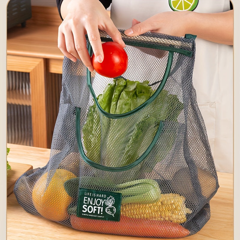 Breathable Mesh Kitchen Storage Bag for Fruits & Vegetables - Convenient Wall-Mounted Organizer with Green Handles, Made from PET Material, Perfect for Storing Ginger, Garlic, and other Produce in a Vegetable Storage Rack