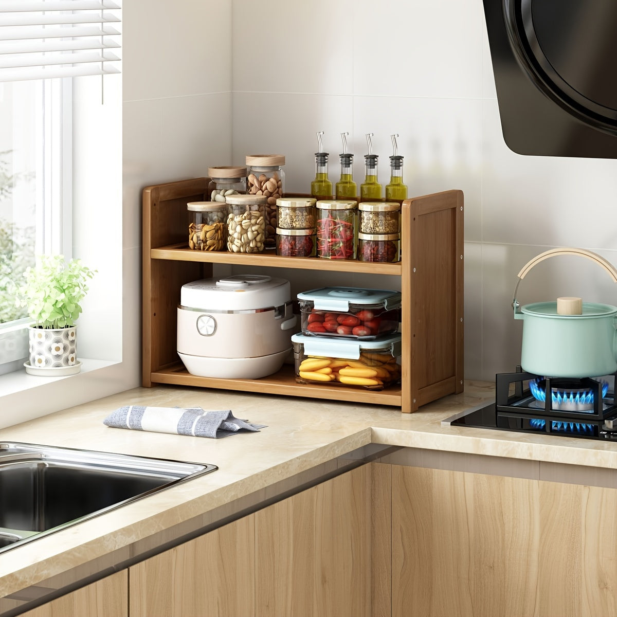 Large freestanding organizer made of brown hardwood, designed with open shelves for kitchen storage. Easy assembly with no power needed, perfect for home and kitchen use.