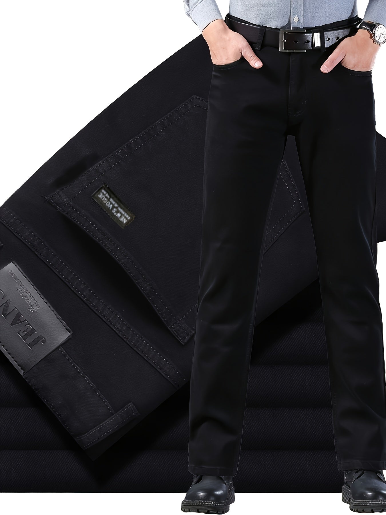 NUOYAOI Men's Slim-Fit Stretch Denim Jeans in classic solid black, lightweight and versatile for all seasons. Features pockets, zipper/button closure, and suitable for business or casual