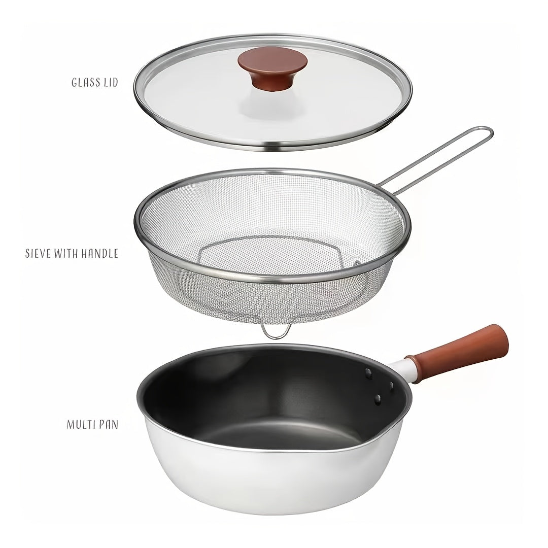 1-piece 9.84-inch Non-Stick Cast Aluminum Cooking Pot with Wooden Handle, Tempered Glass Lid & Frying Net - Strong, Simple to Maintain, Safe for Dishwasher, Works with All Stovetops