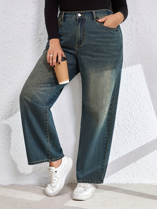 Kiki Angel Straight Leg Jeans, Plus Size, Casual Washed Denim, Solid Color, for Fall/Winter