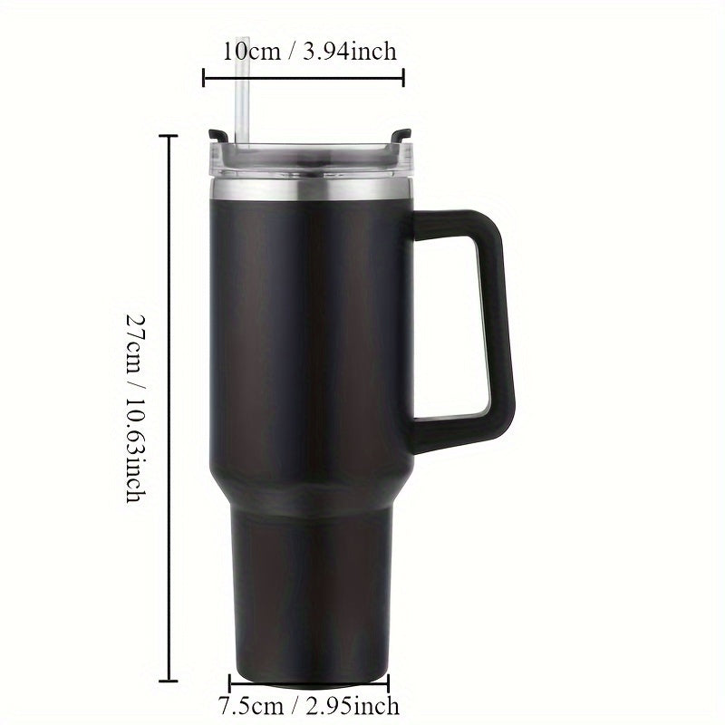 XIAYUTIAN's 40oz stainless steel tumbler is insulated and comes with a handle and straw lid. It is great for both hot and cold drinks and is leak-proof, making it perfect for travel and outdoor activities. It is also a great gift option.