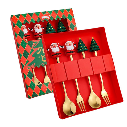 Christmas-themed stainless steel cutlery set includes 4 or 6 pieces in a gift box, featuring Santa, Christmas tree, and reindeer figurine designs. Perfect for serving desserts, cakes, fruit, and coffee during the holiday season. Great gift idea for